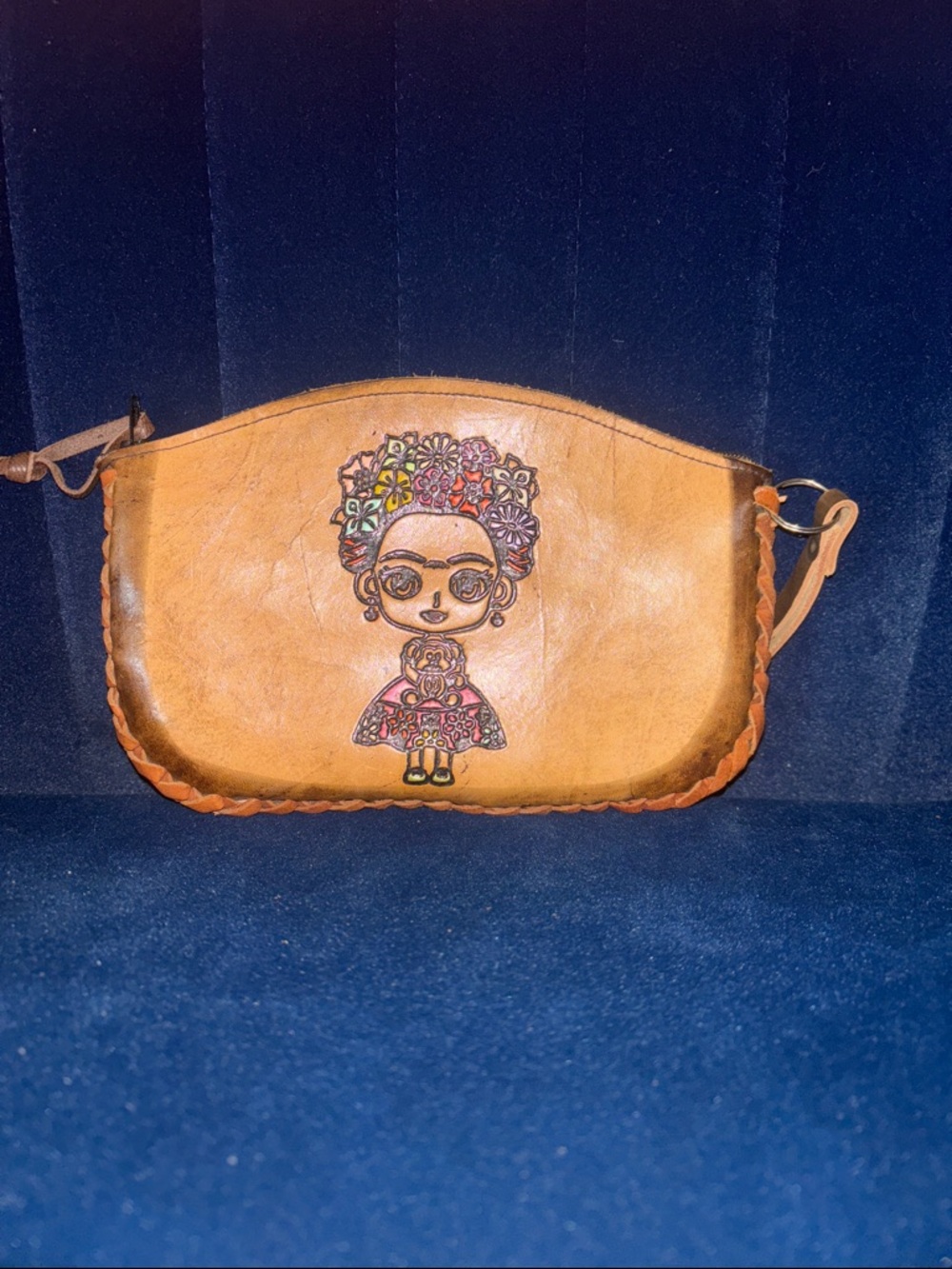 Handmade Tan Leather Crossbody Bag with Floral Character Design